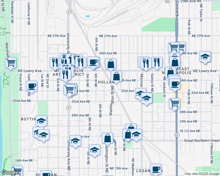map of restaurants, bars, coffee shops, grocery stores, and more near 112 Washington Street Northeast in Minneapolis