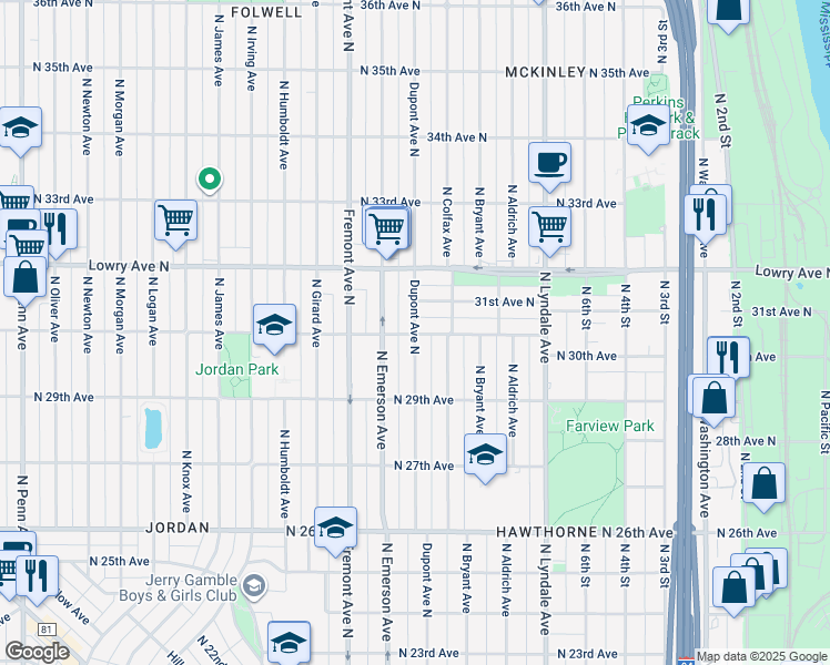map of restaurants, bars, coffee shops, grocery stores, and more near 3007 North Dupont Avenue in Minneapolis