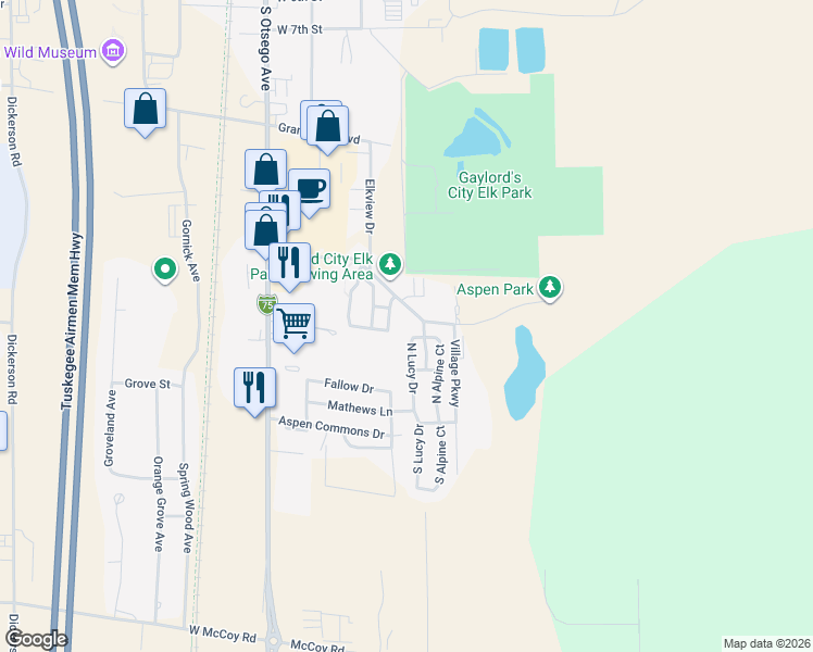 map of restaurants, bars, coffee shops, grocery stores, and more near 239 Commerce Boulevard in Gaylord