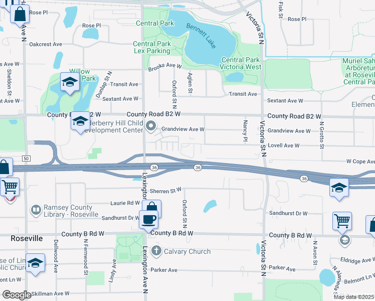 map of restaurants, bars, coffee shops, grocery stores, and more near 2353 North Chatsworth Street in Roseville