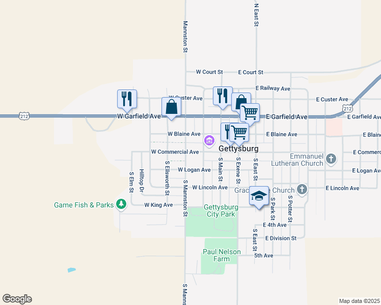 map of restaurants, bars, coffee shops, grocery stores, and more near 101 South Mannston Street in Gettysburg