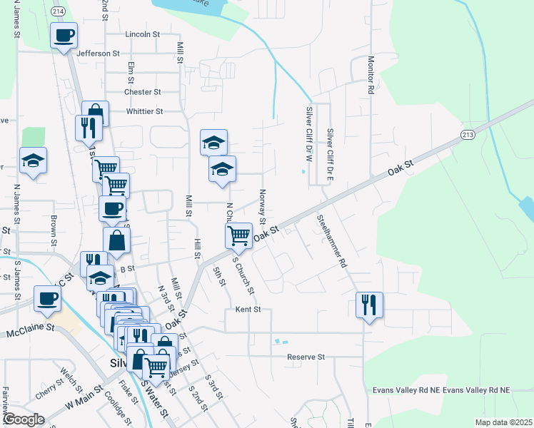 map of restaurants, bars, coffee shops, grocery stores, and more near 340 Norway Street in Silverton