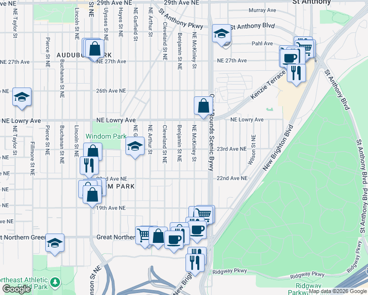 map of restaurants, bars, coffee shops, grocery stores, and more near 2318 Northeast Benjamin Street in Minneapolis