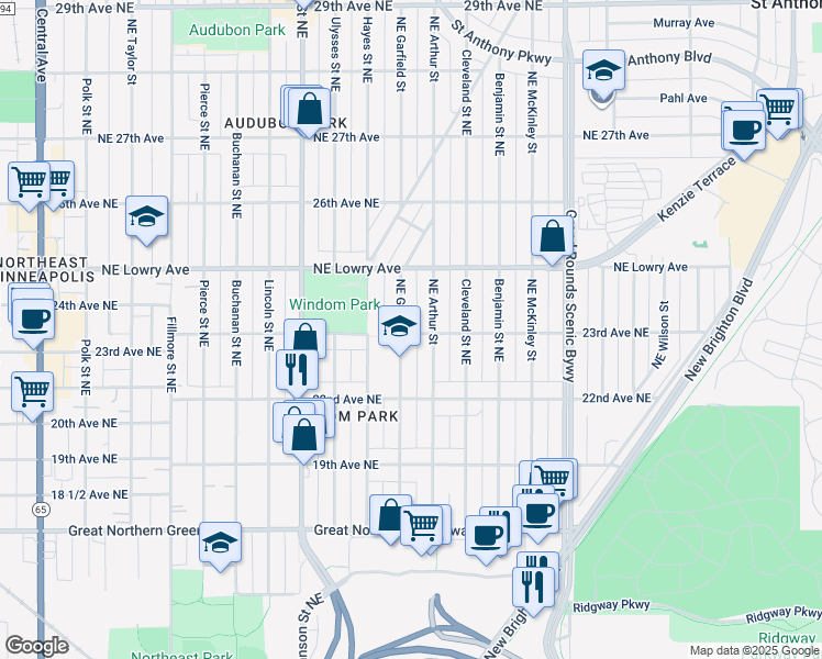 map of restaurants, bars, coffee shops, grocery stores, and more near 2314 Northeast Arthur Street in Minneapolis