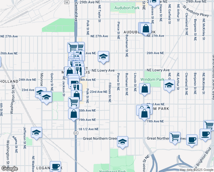 map of restaurants, bars, coffee shops, grocery stores, and more near 1114 24th Avenue Northeast in Minneapolis