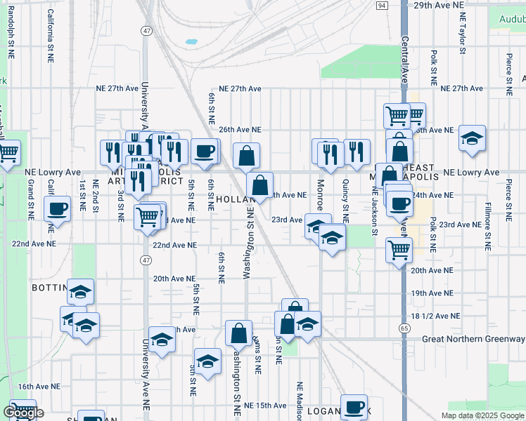 map of restaurants, bars, coffee shops, grocery stores, and more near 112 Washington Street Northeast in Minneapolis