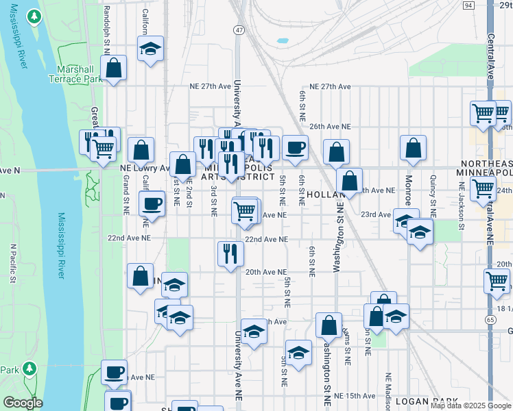 map of restaurants, bars, coffee shops, grocery stores, and more near 338 24th Avenue Northeast in Minneapolis