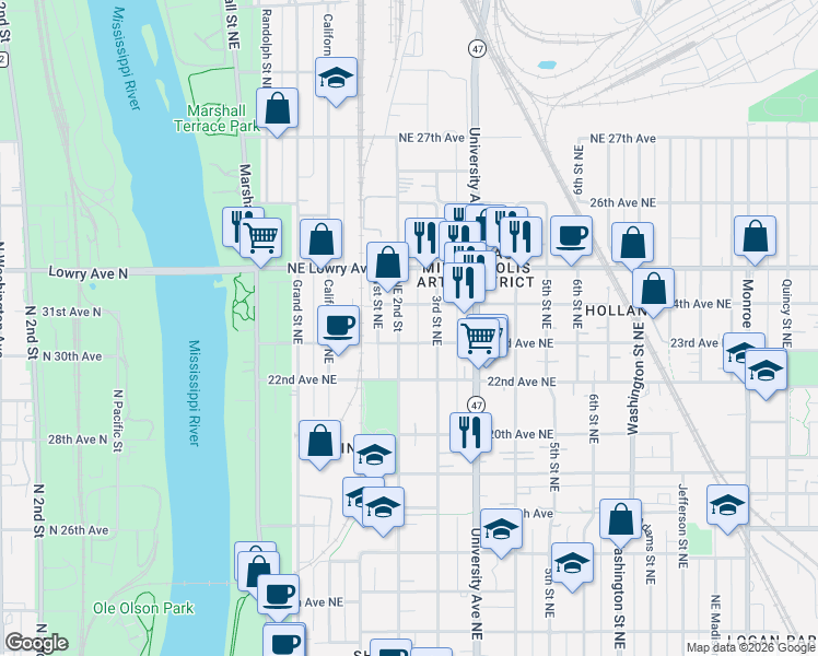 map of restaurants, bars, coffee shops, grocery stores, and more near 2327 Northeast 2nd Street in Minneapolis