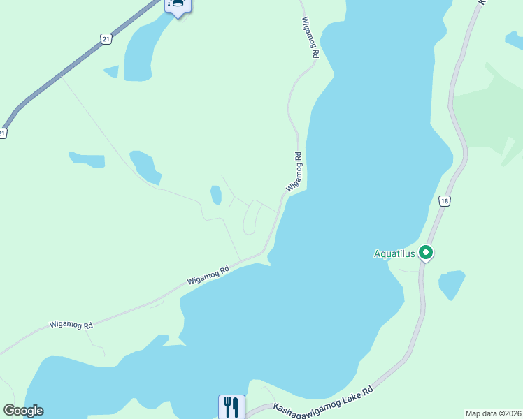 map of restaurants, bars, coffee shops, grocery stores, and more near 1853 Wigamog Road in Haliburton County