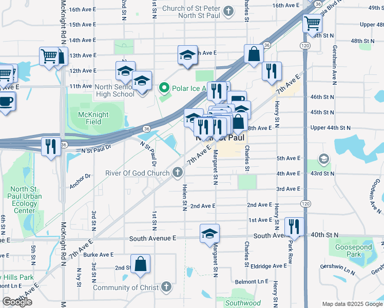 map of restaurants, bars, coffee shops, grocery stores, and more near 2515 7th Avenue East in North Saint Paul