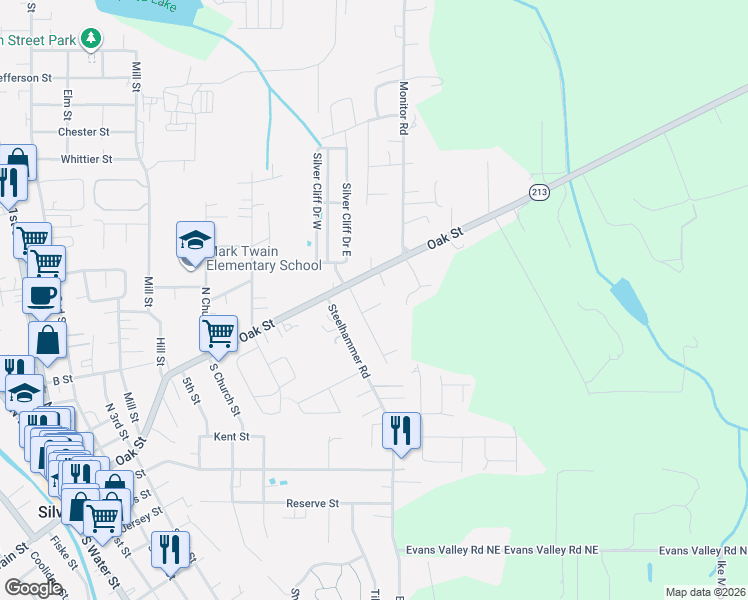 map of restaurants, bars, coffee shops, grocery stores, and more near 1301 Uff Da Street in Silverton