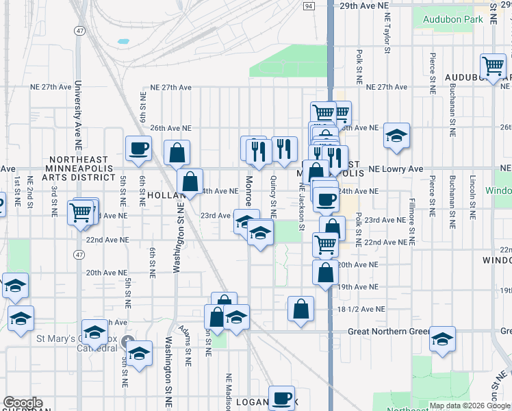 map of restaurants, bars, coffee shops, grocery stores, and more near 708 24th Avenue Northeast in Minneapolis