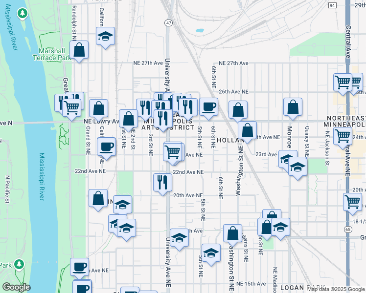 map of restaurants, bars, coffee shops, grocery stores, and more near 2314 4th Street Northeast in Minneapolis