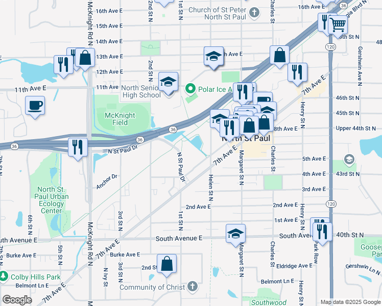 map of restaurants, bars, coffee shops, grocery stores, and more near 2485 Seppala Boulevard in Saint Paul