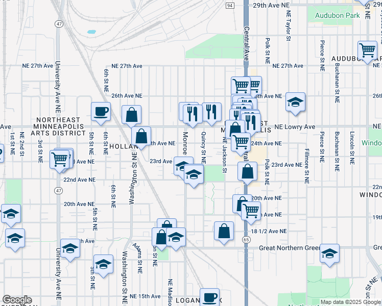 map of restaurants, bars, coffee shops, grocery stores, and more near 708 24th Avenue Northeast in Minneapolis