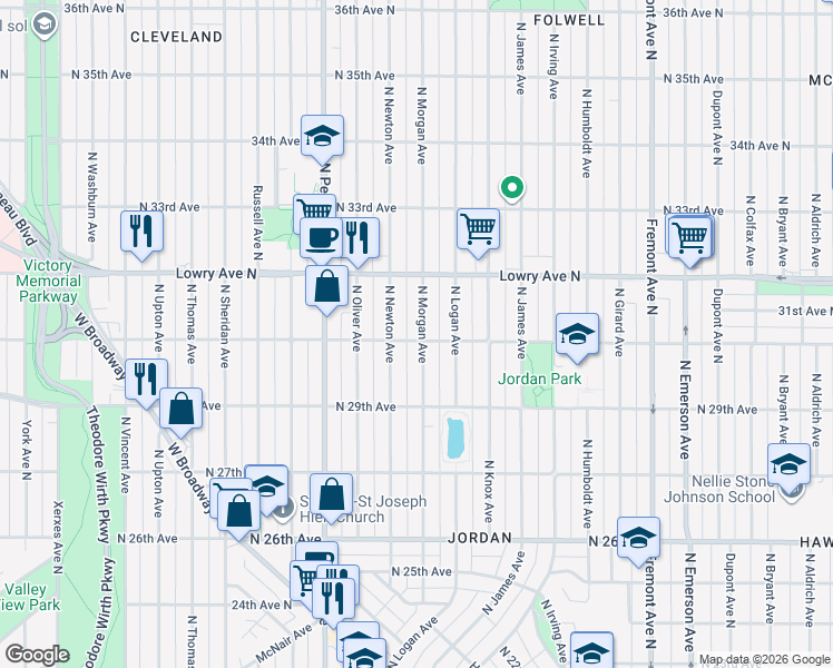 map of restaurants, bars, coffee shops, grocery stores, and more near 3019 North Morgan Avenue in Minneapolis