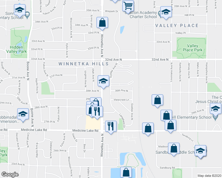 map of restaurants, bars, coffee shops, grocery stores, and more near 4141 Douglas Drive North in Minneapolis