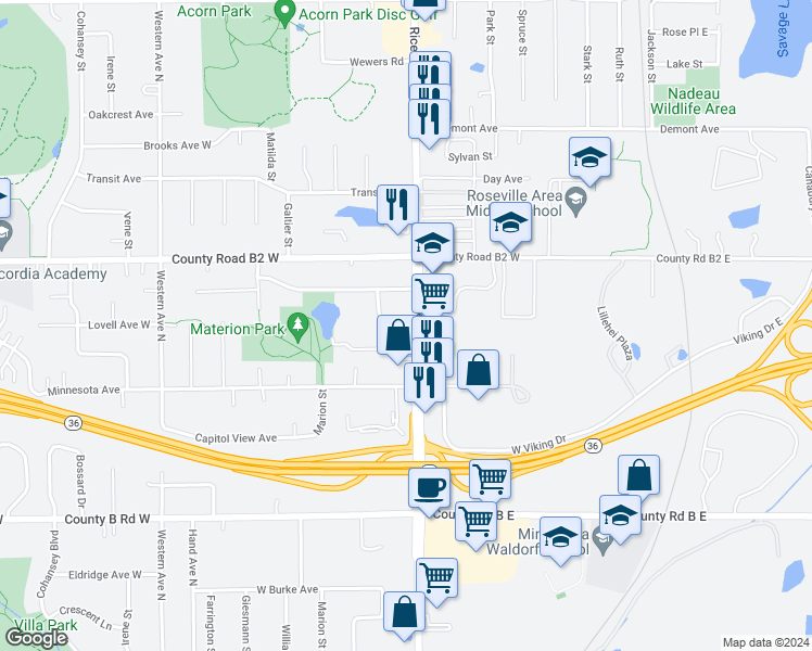 map of restaurants, bars, coffee shops, grocery stores, and more near 2345 Rice Street in Roseville