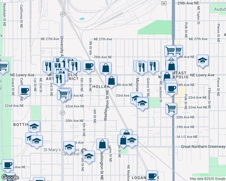 map of restaurants, bars, coffee shops, grocery stores, and more near 112 Washington Street Northeast in Minneapolis