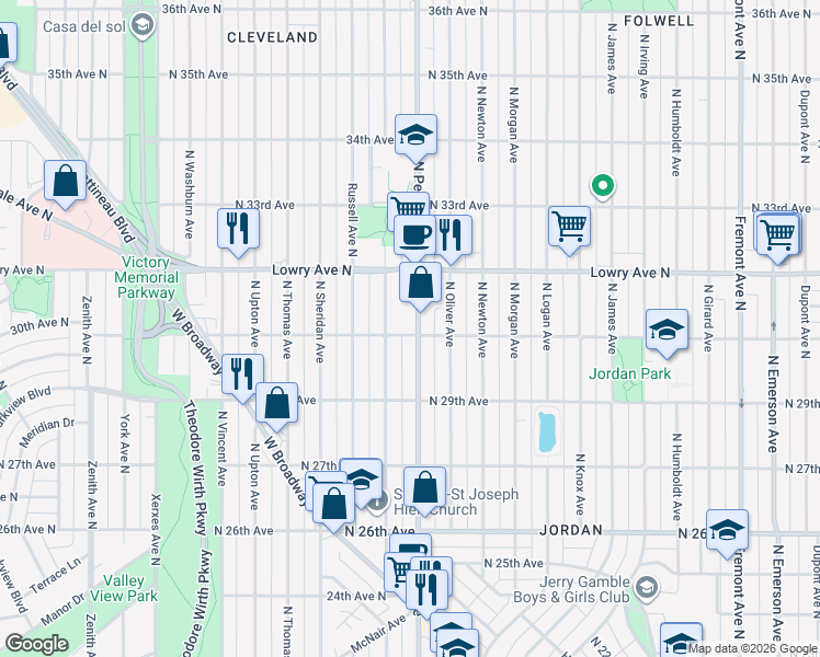 map of restaurants, bars, coffee shops, grocery stores, and more near 3003 Penn Ave N in Minneapolis