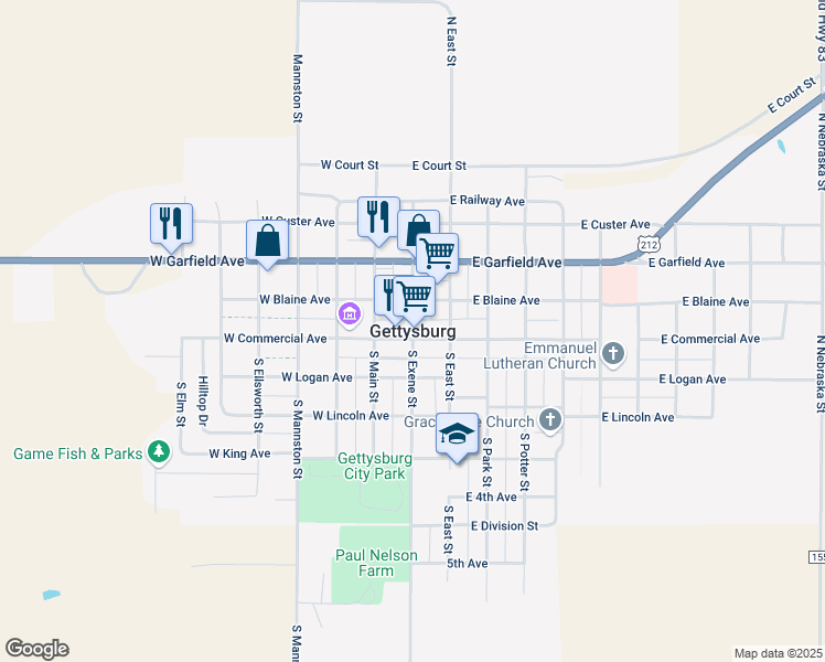 map of restaurants, bars, coffee shops, grocery stores, and more near in Gettysburg