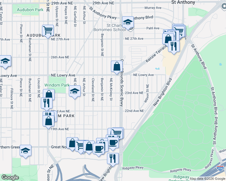 map of restaurants, bars, coffee shops, grocery stores, and more near 2307 Northeast McKinley Street in Minneapolis