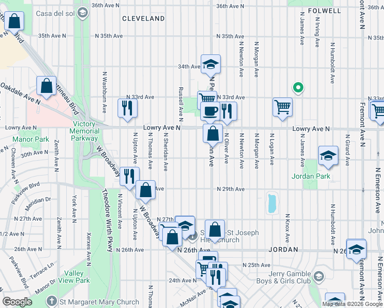 map of restaurants, bars, coffee shops, grocery stores, and more near 3018 Russell Avenue North in Minneapolis