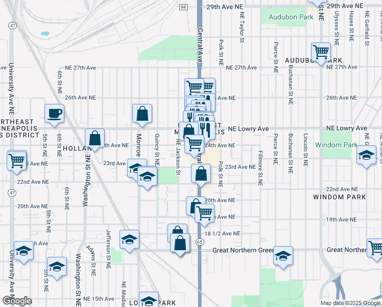 map of restaurants, bars, coffee shops, grocery stores, and more near 2338 Minnesota 65 in Minneapolis