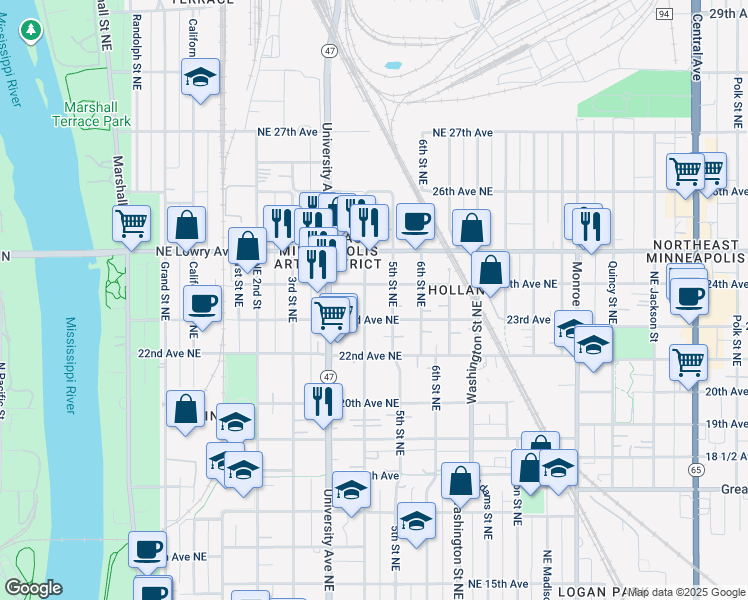 map of restaurants, bars, coffee shops, grocery stores, and more near 412 24th Avenue Northeast in Minneapolis