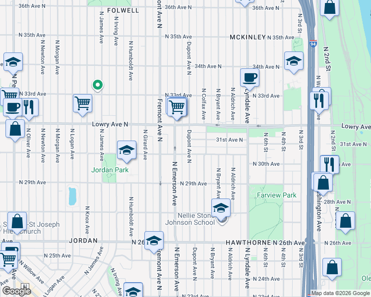 map of restaurants, bars, coffee shops, grocery stores, and more near 3018 Emerson Avenue North in Minneapolis