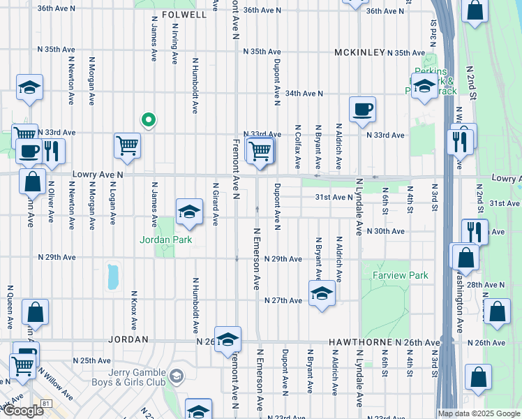 map of restaurants, bars, coffee shops, grocery stores, and more near 3018 Emerson Avenue North in Minneapolis