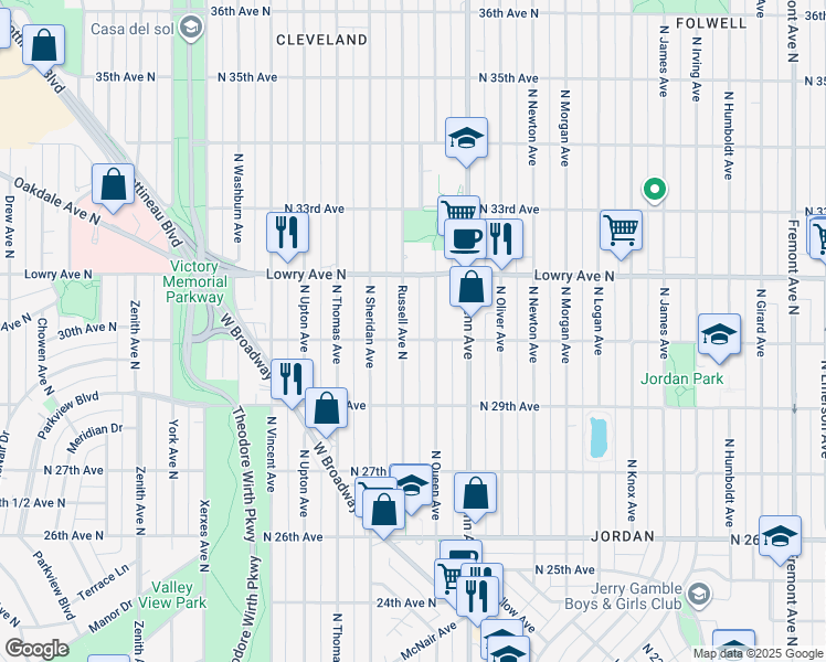 map of restaurants, bars, coffee shops, grocery stores, and more near 3018 Russell Avenue North in Minneapolis