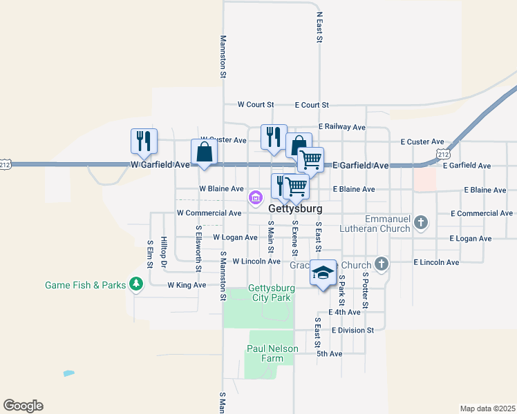 map of restaurants, bars, coffee shops, grocery stores, and more near 101 North Platte Street in Gettysburg