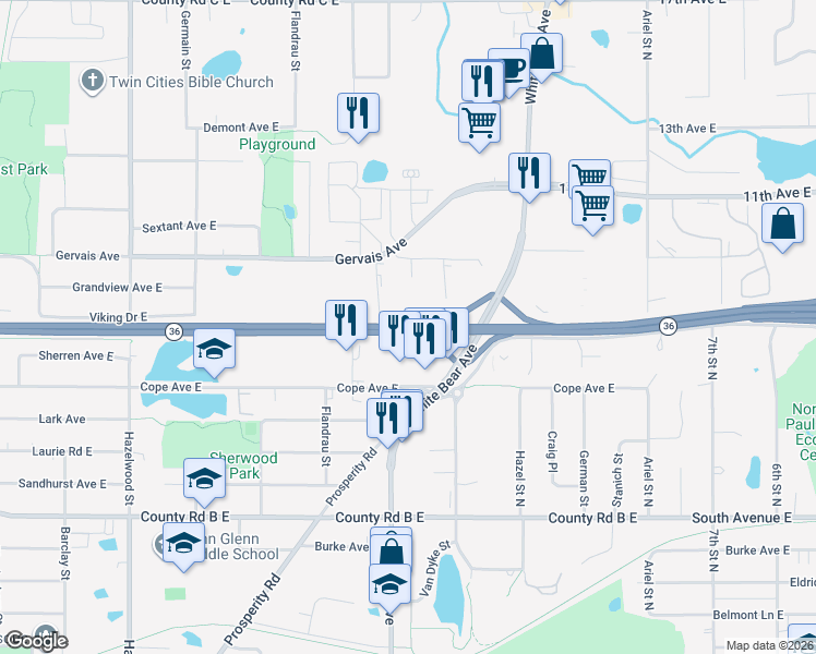 map of restaurants, bars, coffee shops, grocery stores, and more near Minnesota 36 in North Saint Paul