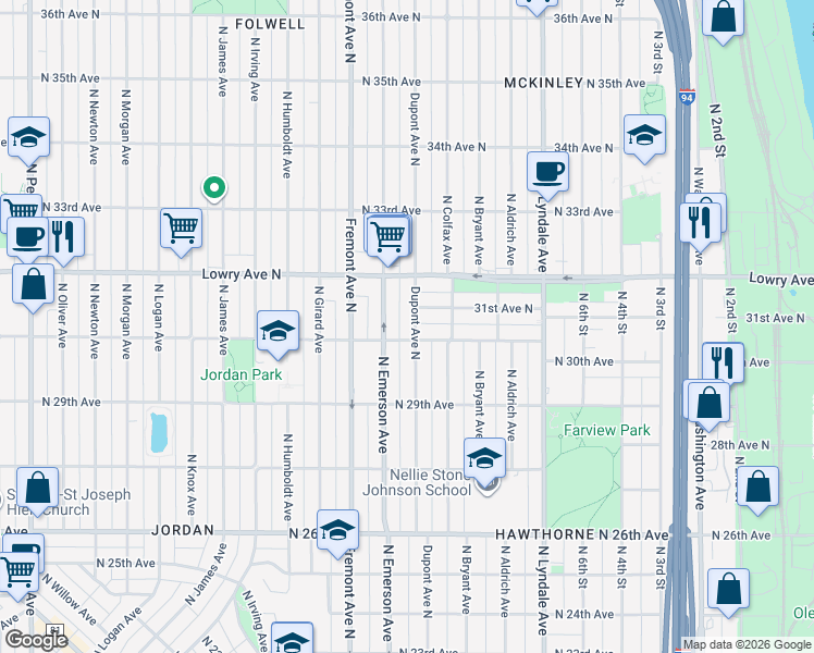 map of restaurants, bars, coffee shops, grocery stores, and more near 3018 Emerson Avenue North in Minneapolis