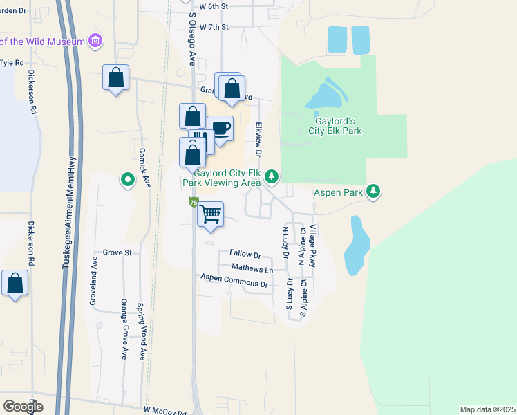map of restaurants, bars, coffee shops, grocery stores, and more near 1316 Park Meadow Drive in Gaylord