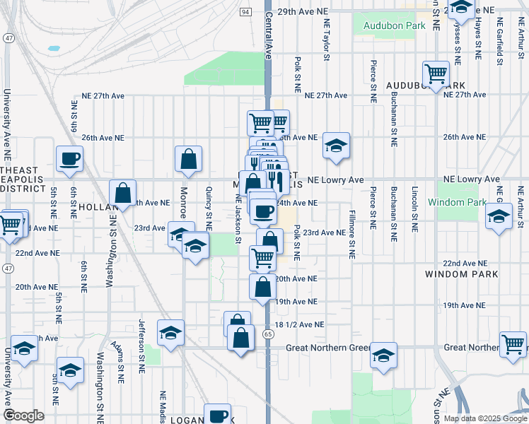 map of restaurants, bars, coffee shops, grocery stores, and more near 920 24th Avenue Northeast in Minneapolis