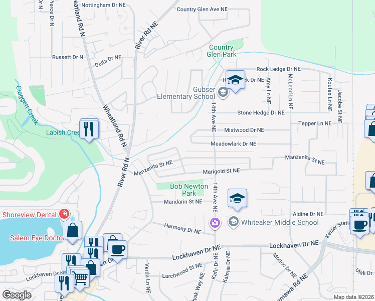 map of restaurants, bars, coffee shops, grocery stores, and more near 1652 Chelan Street Northeast in Keizer