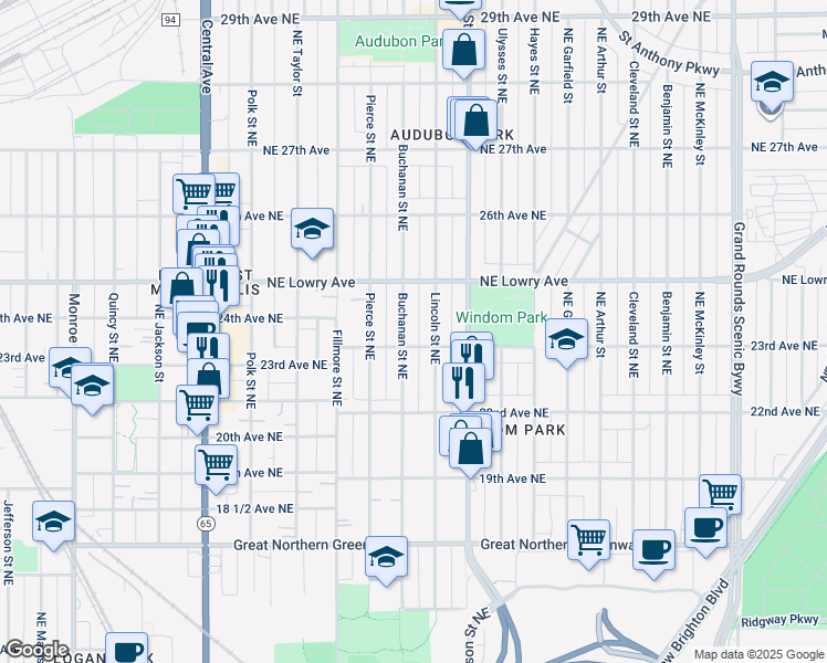 map of restaurants, bars, coffee shops, grocery stores, and more near 2314 Buchanan Street Northeast in Minneapolis