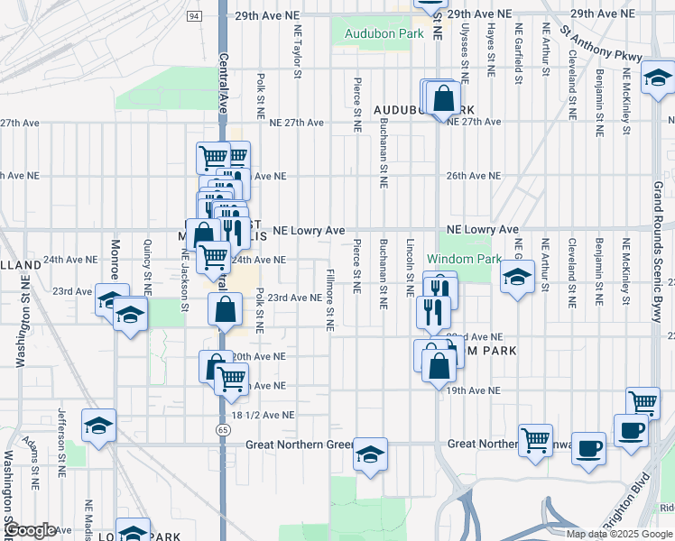 map of restaurants, bars, coffee shops, grocery stores, and more near 2314 Pierce Street Northeast in Minneapolis