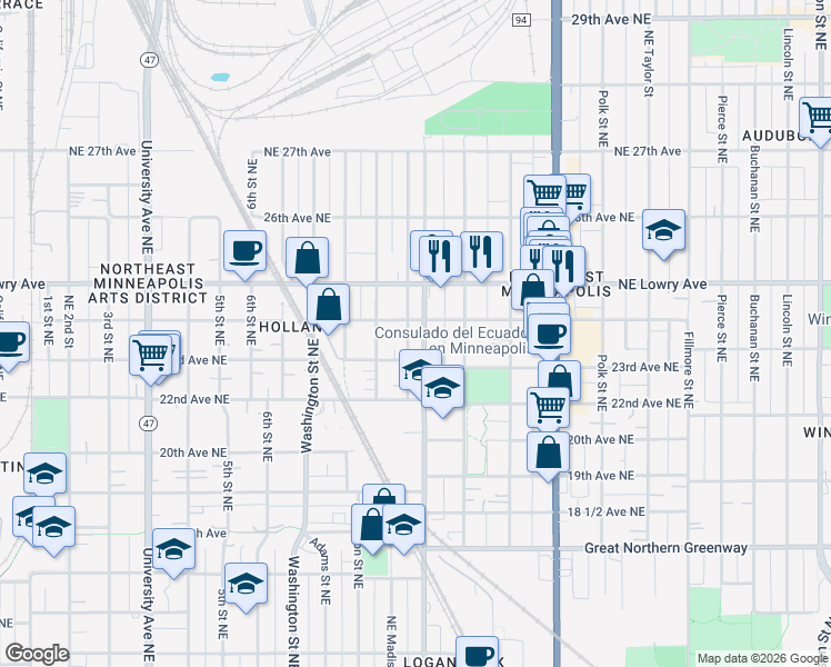 map of restaurants, bars, coffee shops, grocery stores, and more near 682 24th Avenue Northeast in Minneapolis