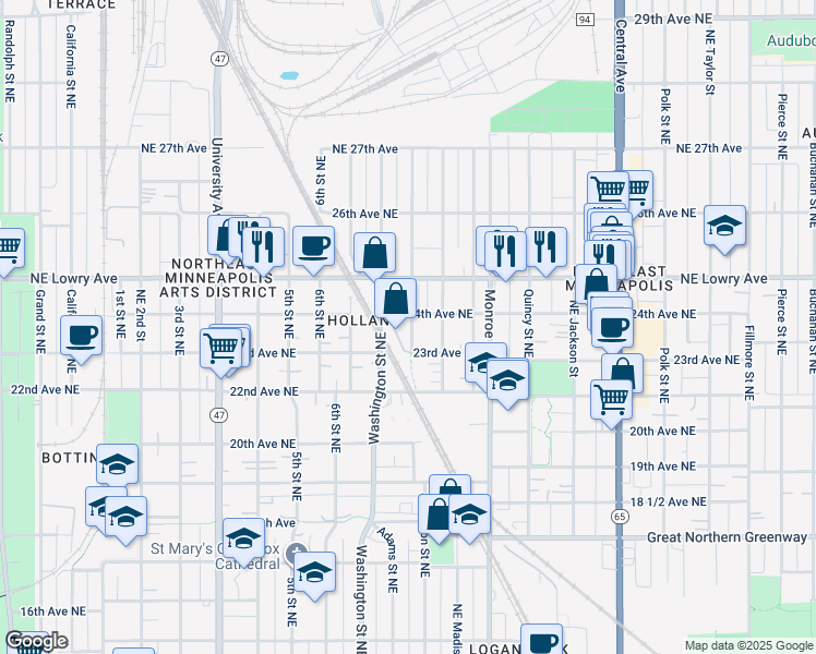 map of restaurants, bars, coffee shops, grocery stores, and more near 662 24th Avenue Northeast in Minneapolis