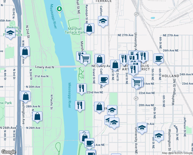 map of restaurants, bars, coffee shops, grocery stores, and more near 2329 Grand Street Northeast in Minneapolis