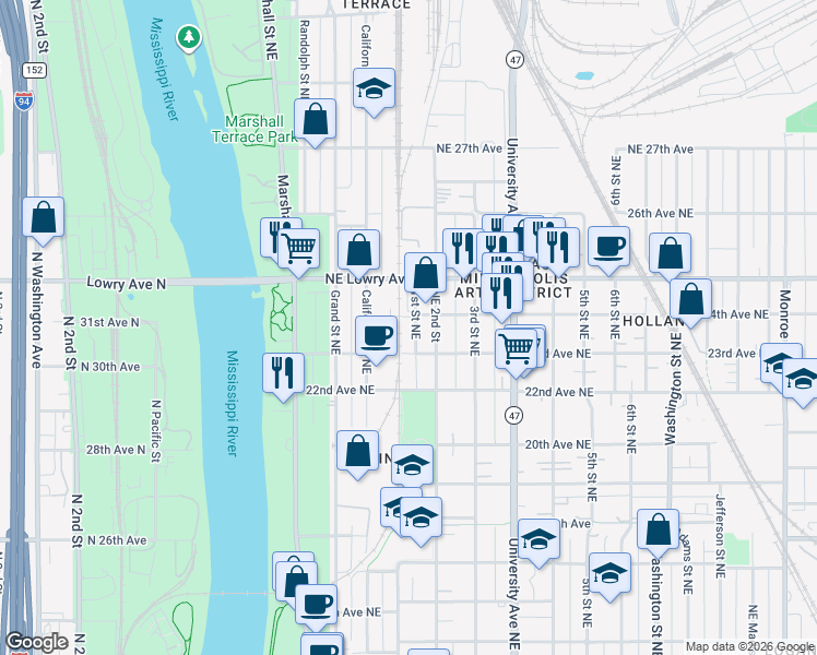 map of restaurants, bars, coffee shops, grocery stores, and more near 2326 Northeast 2nd Street in Minneapolis