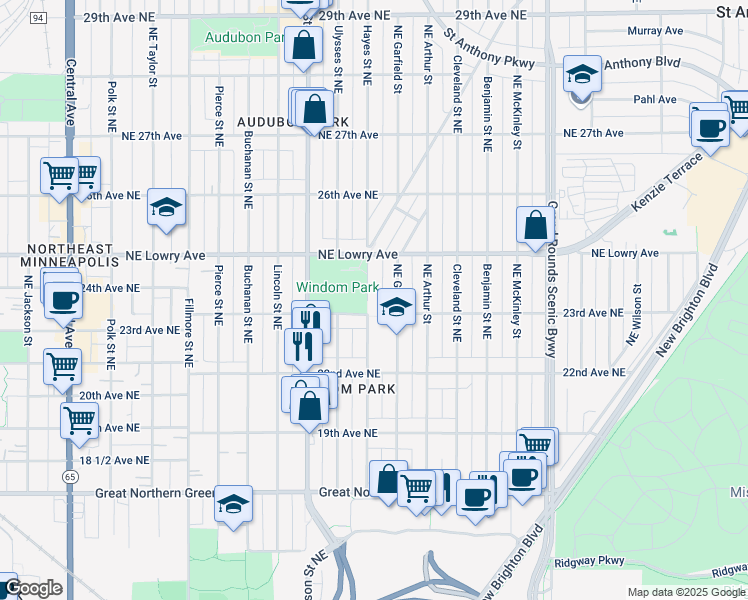 map of restaurants, bars, coffee shops, grocery stores, and more near 2309 Hayes Street Northeast in Minneapolis