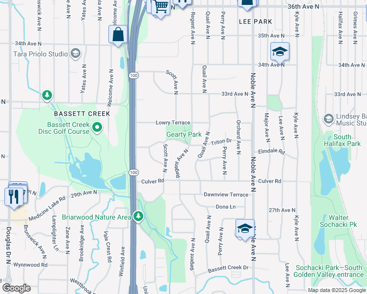 map of restaurants, bars, coffee shops, grocery stores, and more near 5205 Triton Drive in Minneapolis