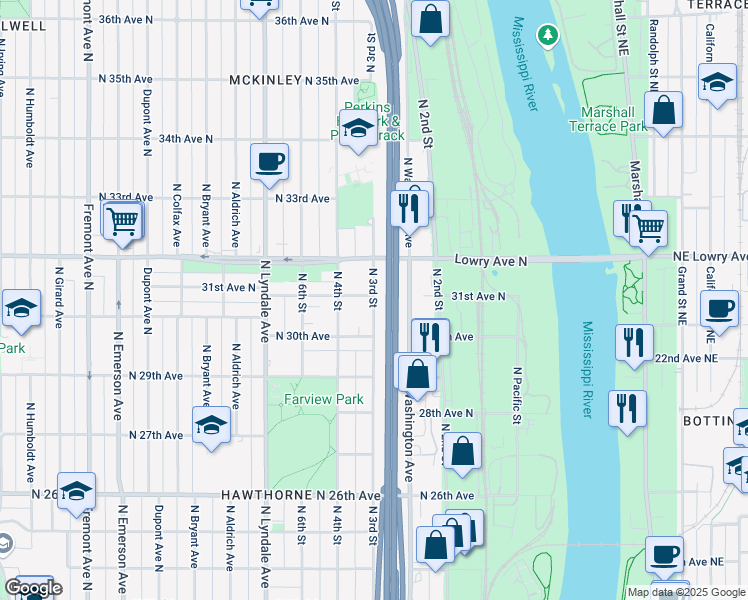 map of restaurants, bars, coffee shops, grocery stores, and more near 301 31st Avenue North in Minneapolis