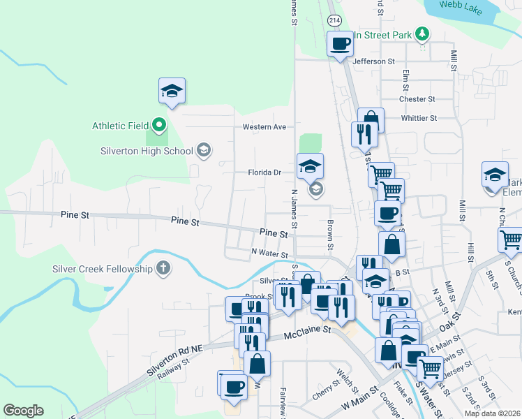 map of restaurants, bars, coffee shops, grocery stores, and more near 301 Orchard Street in Silverton