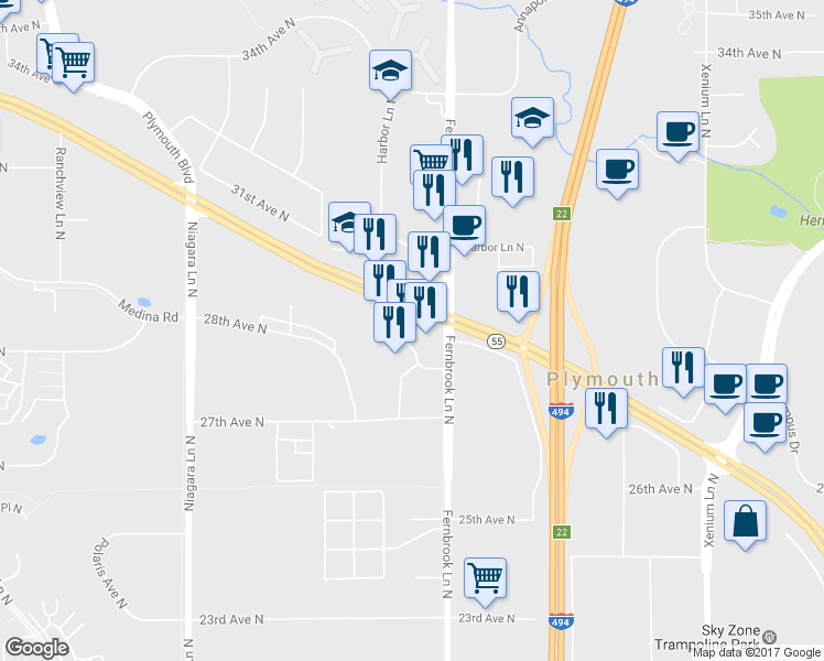 map of restaurants, bars, coffee shops, grocery stores, and more near 14420 28th Pl N in Minneapolis