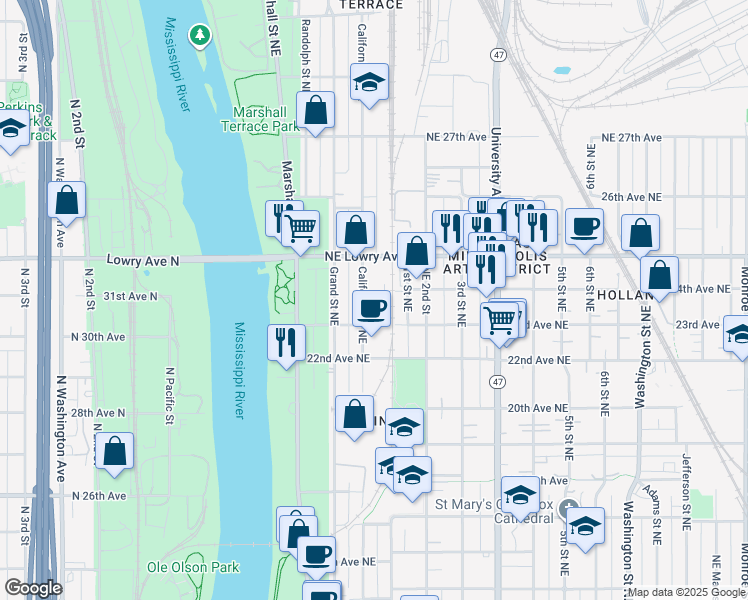 map of restaurants, bars, coffee shops, grocery stores, and more near 2301 California Street Northeast in Minneapolis